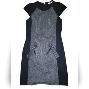 Rebecca Taylor back zip dress, gray/black, faux leather trim, size 6